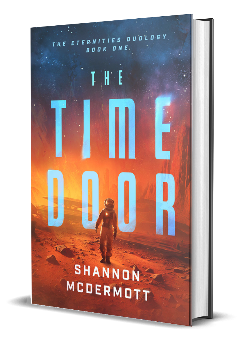 The front cover of 'The Time Door' which features an astronaut on Mars.