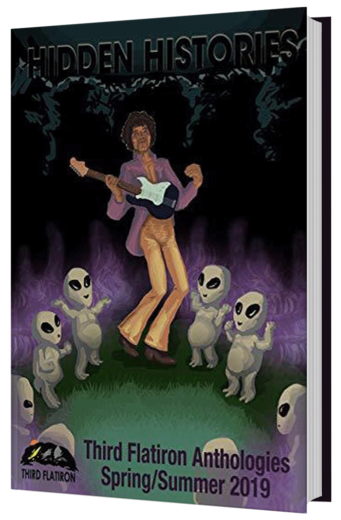 The front cover of 'Hidden Histories' which features aliens and a man holding a guitar.