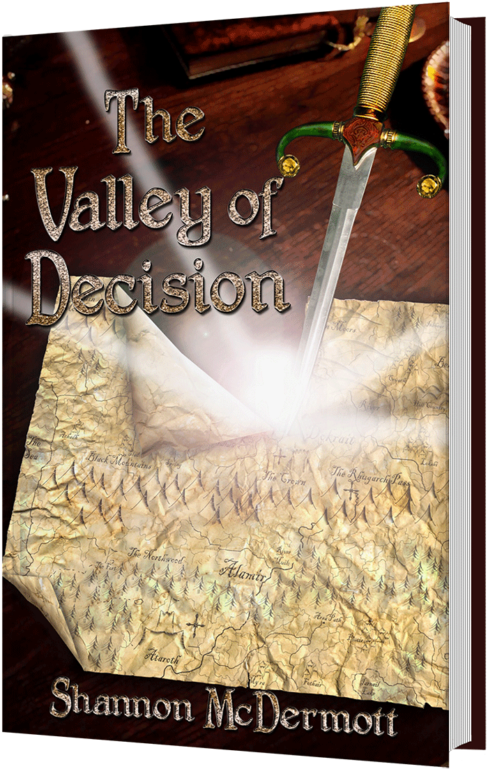 The front cover of 'The Valley of Decision' which features a sword and a map.